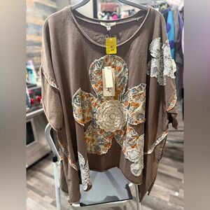 BLUE VELVET oversized Floral Patchwork Brown Top